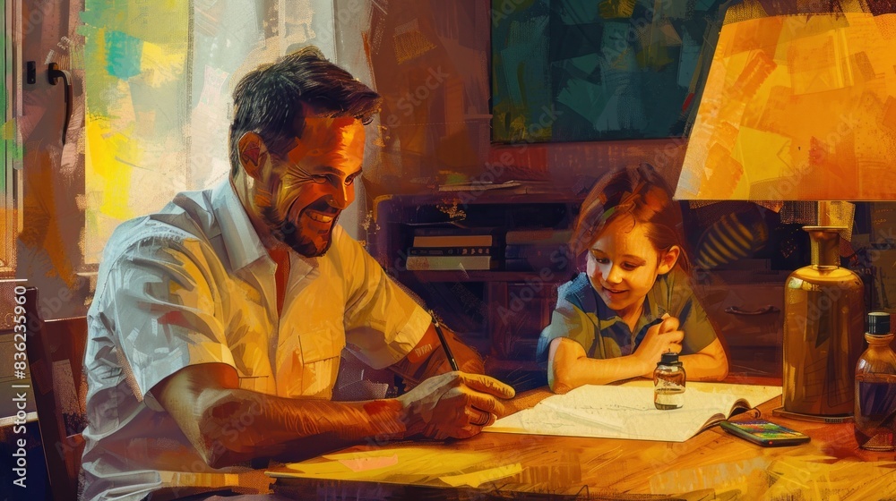 Fatherhood and remote business. Happy young single dad working at home while kids plays next to him Fatherhood and remote business. Happy young single dad working at home while kids plays next to him