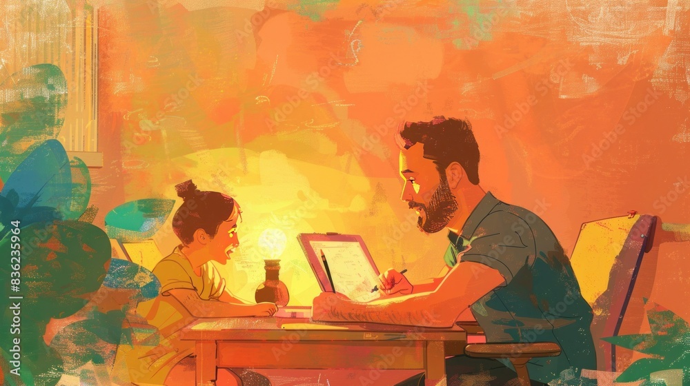Fatherhood and remote business. Happy young single dad working at home while kids plays next to him Fatherhood and remote business. Happy young single dad working at home while kids plays next to him