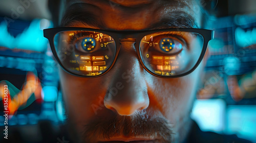 Wallpaper Mural Close-up of a trader's face with glasses reflecting financial data screens, highlighting intense focus and market analysis. Torontodigital.ca