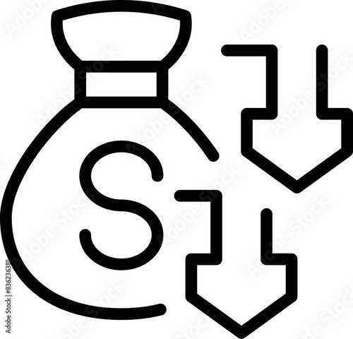 Cost reduction concept icon with downward arrows, money bag, and minimalist design for financial management and budget savings in business investment and economic planning