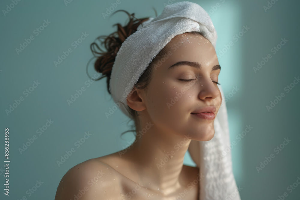 Fototapeta premium A close up of a woman after having a shower with her eyes closed looking to a side