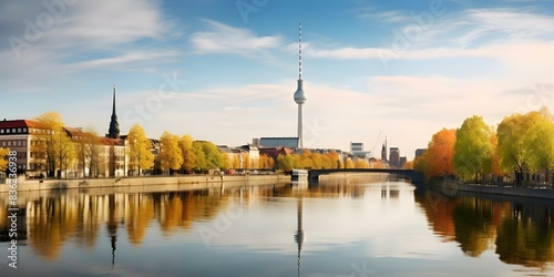 Berlin, Germany Skyline Featuring TV Tower, River, and Museum Island - Painting on Canvas. Concept Berlin, Germany, Skyline, TV Tower, River, Museum Island, Painting, Canvas photo