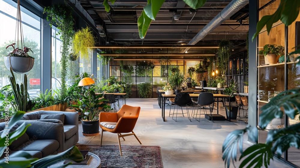 Naklejka premium Startup team brainstorming in a modern office filled with plants and eco-friendly decor green business innovation