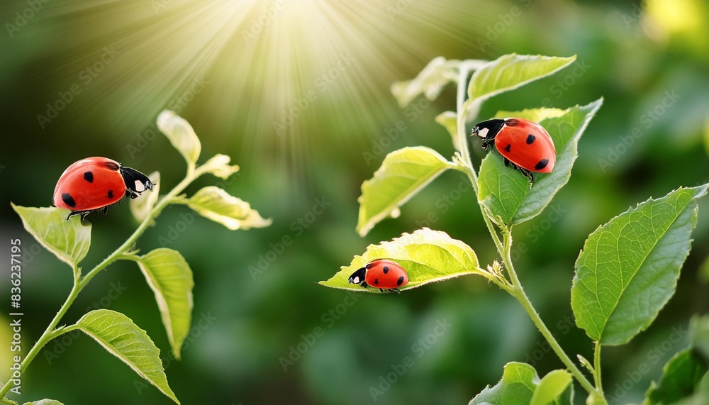 Beautiful juicy leaves and curl plants with two ladybugs macro glows in sun on dark green saturated background outdoors spring or summer. Best amazing image of purity and fragility of nature. Beautiful juicy leaves and curl plants with two ladybugs macro glows in sun on dark green saturated background outdoors spring or summer. Best amazing image of purity and fragility of nature.