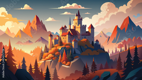 Majestic castles shrouded in mist, set against a backdrop of autumn-hued forests, vector graphics