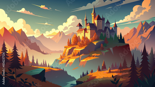 Majestic castles shrouded in mist, set against a backdrop of autumn-hued forests, vector graphics