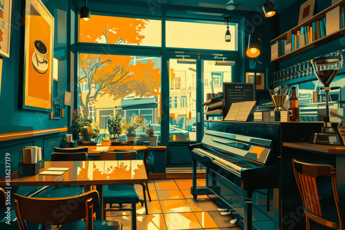 Cozy Autumn Cafe with Piano, Warm Interior Design for Posters, Cards, or Digital Artwork © Friedbert