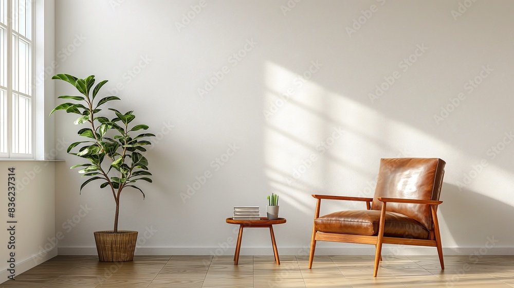 Minimalist living room with a clean and cozy aesthetic, featuring a brown leather armchair Minimalist living room with a clean and cozy aesthetic, featuring a brown leather armchair