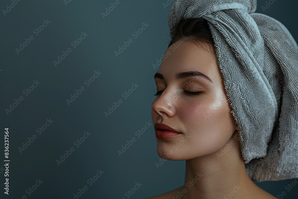 A close up of a woman after having a shower with her eyes closed looking to a side A close up of a woman after having a shower with her eyes closed looking to a side