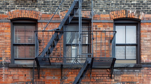 A tall brick building with a black fire escape ladder