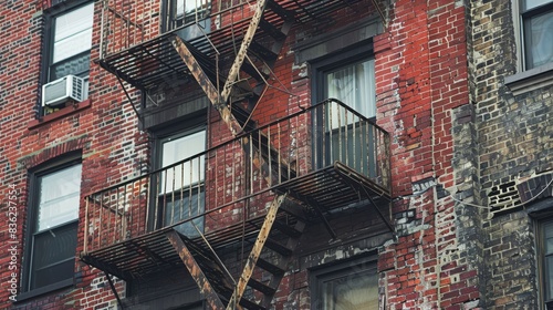 A tall brick building with a black fire escape ladder