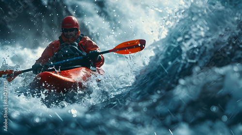Thrilling Kayaker Profile Amalgamated with River Rapids Symbol, Perfect for Outdoor and Adventure Ads   Photo Realistic Sports Concept photo