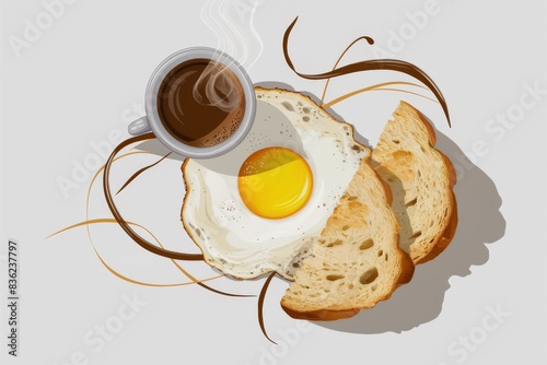 Breakfast Delight: Fried Egg, Sliced Bread, and Hot Coffee on a White Background © Friedbert