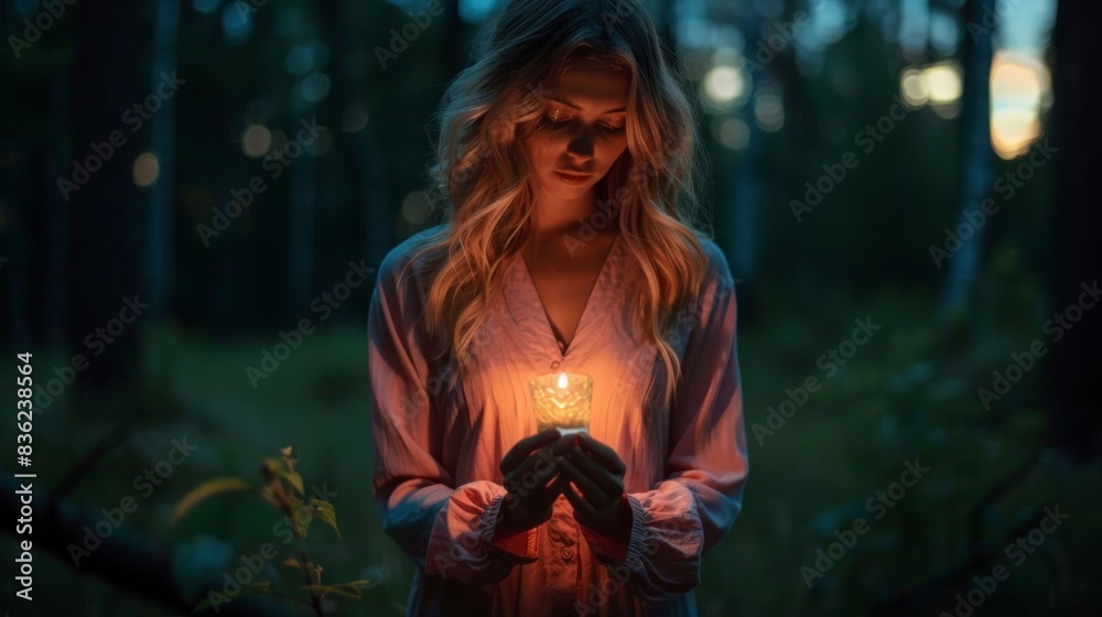 Fototapeta premium beautiful blonde woman in pajamas with a candle in the middle of the forest