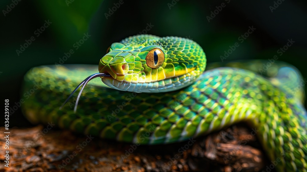 Fototapeta premium A green snake is curled up on a branch