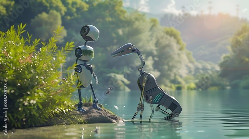 Whimsical imaginative science with robots and AI interacting with nature, copy space, technature fusion, whimsical, blend mode, futuristic park backdrop photo