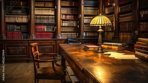 A quiet library with tall shelves  a large wooden desk  and a dim lamp casting a warm glow over documents.