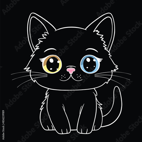 Cute black kitten with different colored eyes hand drawn cartoon vector illustration, sketch for t-shirt graphics, fashion prints and other uses