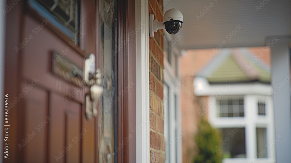 Sleek wireless CCTV camera positioned above a front door Sleek wireless CCTV camera positioned above a front door