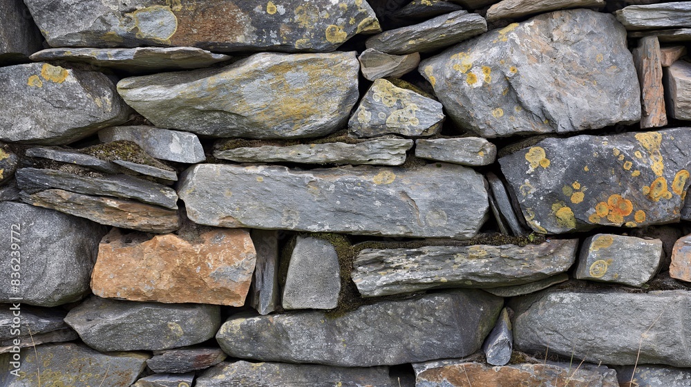 A close-up view of a rustic stone wall made of irregularly shaped stones A close-up view of a rustic stone wall made of irregularly shaped stones