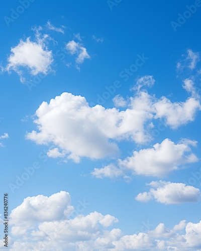 Fototapeta Naklejka Na Ścianę i Meble -  A bright blue sky with fluffy white clouds scattered across it.