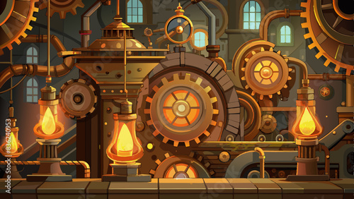 Steampunk-Inspired Machinery Backgrounds with Bronze Gears and Glowing Amber Lights, vector graphics