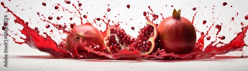 Pomegranate juice splatters around a whole fruit.