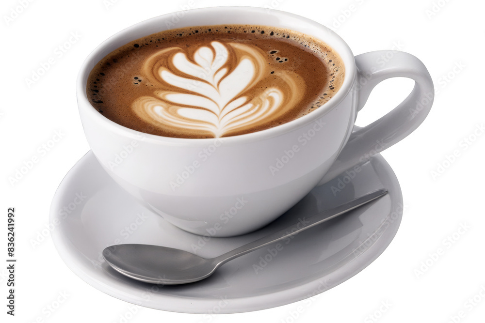 Perfectly brewed latte with artful foam design in a white cup isolated on transparent, png, white background, suitable for café menus Perfectly brewed latte with artful foam design in a white cup isolated on transparent, png, white background, suitable for café menus