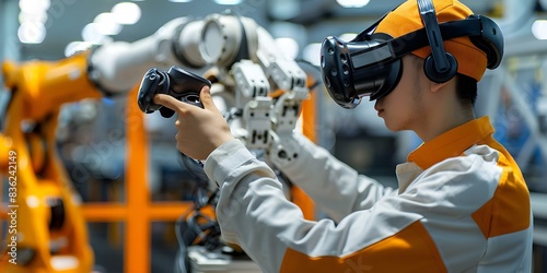 Engineer uses virtual reality headset to operate robotic arm with controller. Concept Engineering, Virtual Reality, Robotics, Controller, Innovation photo