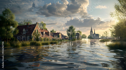 Photo realistic depiction of a rural village with flood imagery, showcasing the heightened risk of flooding linked to climate change. Ideal for environmental and rural themed adver photo