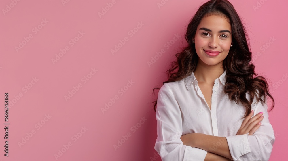 Portrait of a business woman with pleasant smile and crossed arms isolated on pink wall with copy space. Beautiful girl with folded arms looking at camera against grey wall. Cheerful hispanic woman Portrait of a business woman with pleasant smile and crossed arms isolated on pink wall with copy space. Beautiful girl with folded arms looking at camera against grey wall. Cheerful hispanic woman