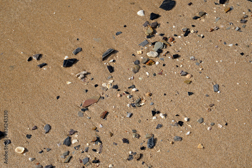 Abstract scene of brown sand beach and sea wave with stone texture background