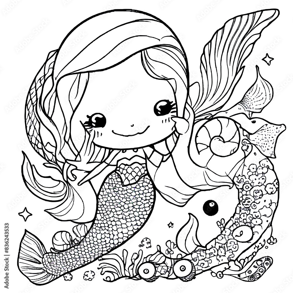 Obraz premium Hand-drawn cute mermaid with starfish and bubble coloring book illustration