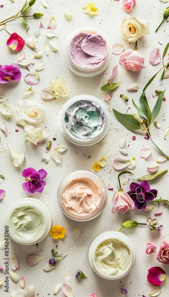 A variety of face masks and creams in jars surrounded by flower petals. Generative AI A variety of face masks and creams in jars surrounded by flower petals. Generative AI