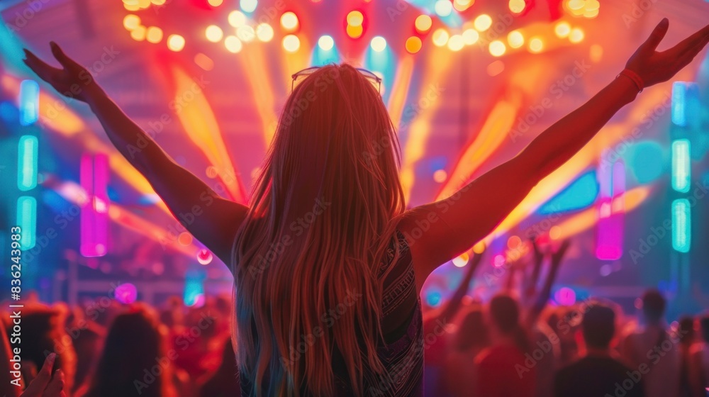 beautiful woman on her back with open arms at a concert or music festival beautiful woman on her back with open arms at a concert or music festival