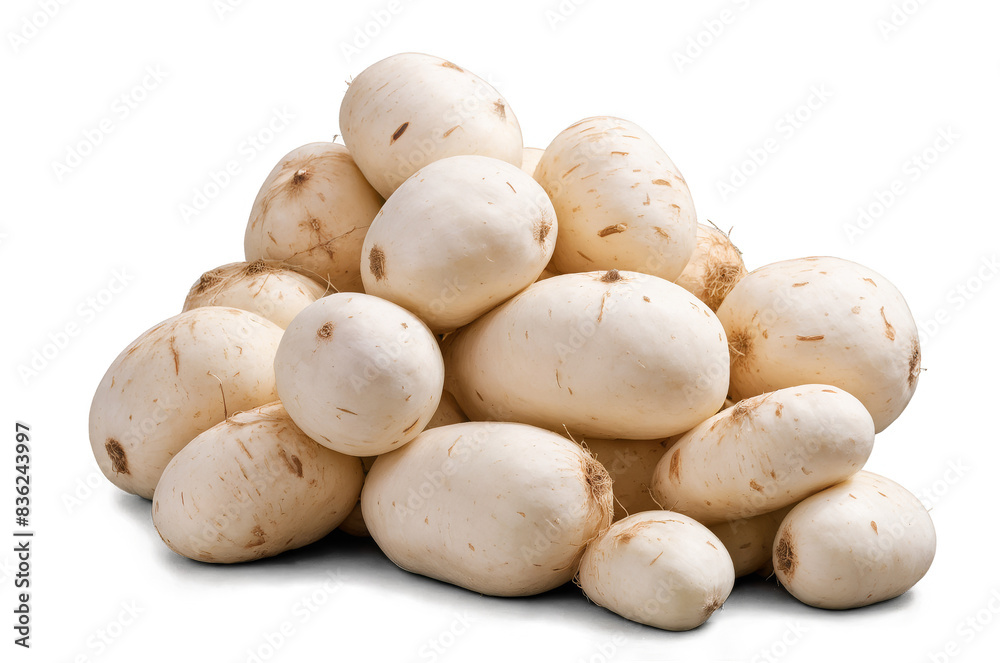 A fresh stack of white tropical yams on a transparent, white background, suitable for png use A fresh stack of white tropical yams on a transparent, white background, suitable for png use