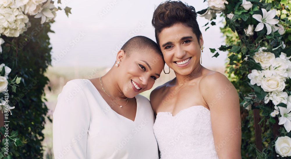 Wedding, lesbian and women with smile, outdoor and portrait of couple, commitment and vow of love. Venue, flowers and people with happiness, bride and event of lgbt, celebration and right of marriage Wedding, lesbian and women with smile, outdoor and portrait of couple, commitment and vow of love. Venue, flowers and people with happiness, bride and event of lgbt, celebration and right of marriage