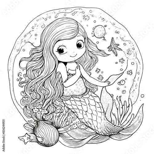 Hand-drawn cute mermaid with starfish and bubble coloring book illustration