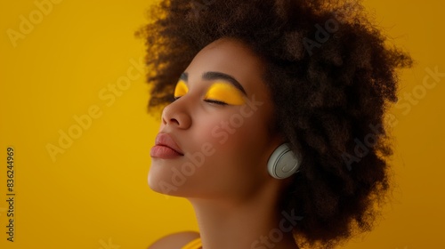 Serene Woman with Dark Skin Enjoying Music with Closed Eyes, Vibrant Yellow Makeup, and Headphones Against a Bright Yellow Background, Embracing the Joy of Music and Colorful Expression