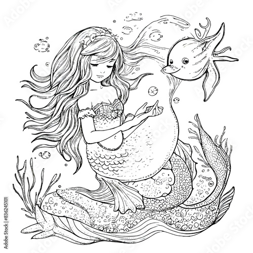 Hand-drawn cute mermaid with starfish and bubble coloring book illustration