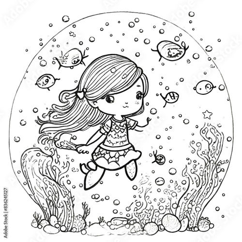 Hand-drawn cute mermaid with starfish and bubble coloring book illustration