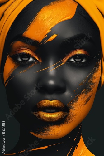 Striking Portrait of a Woman with Deep Black Skin, Wearing a Vibrant Yellow Headscarf, Accented with Abstract Yellow Brush Strokes and Dramatic Lighting, Exuding Strength and Elegance