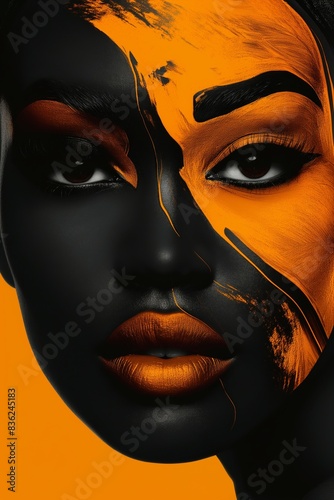 Striking Portrait of a Woman with Deep Black Skin, Accented with Abstract Yellow Brush Strokes and Dramatic Lighting, Exuding Strength and Elegance