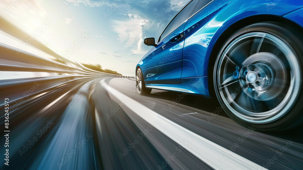 Rear view of blue Business car on high speed in turn. Blue car rushing along a high-speed highway, fast blur background Rear view of blue Business car on high speed in turn. Blue car rushing along a high-speed highway, fast blur background