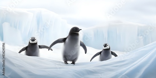 Baby penguins hilariously glide and flap on ice with awkward charm. Concept Wildlife, Nature, Animals, Penguins, Humor photo