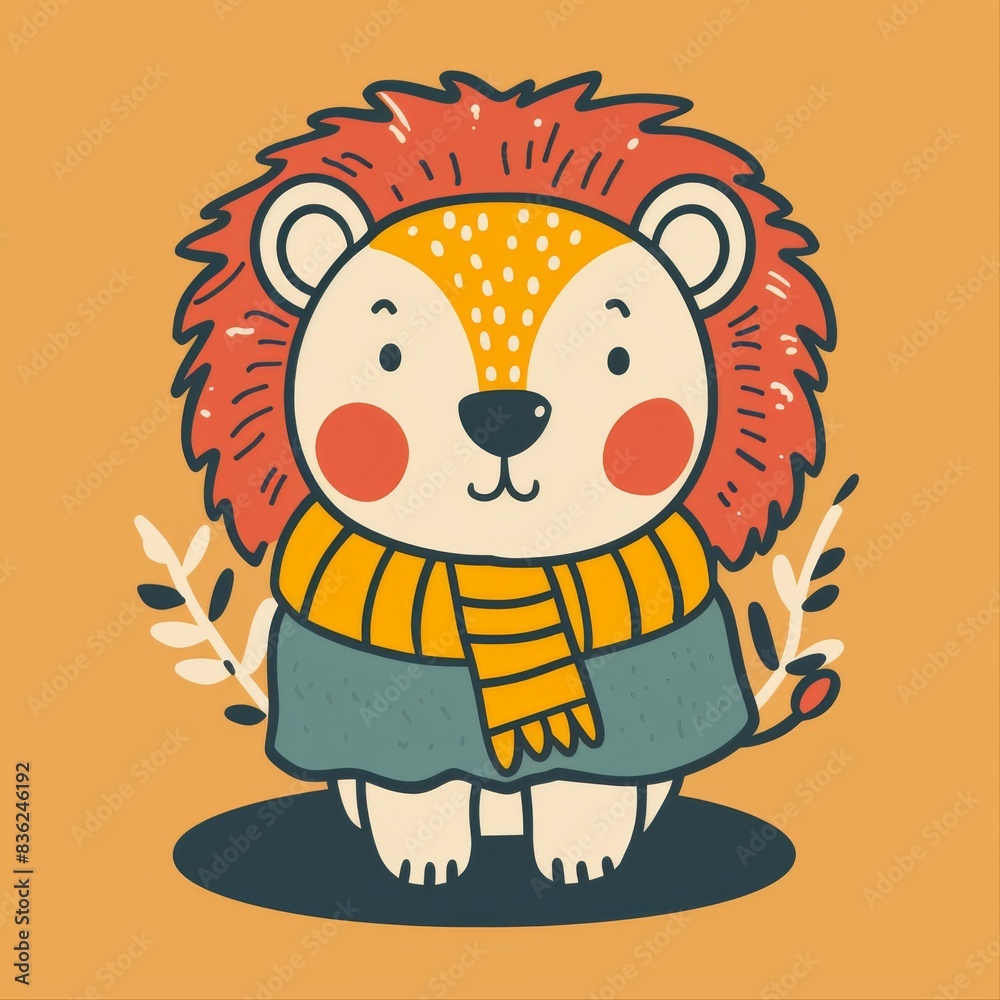 Fototapeta premium Adorable illustration of a cute cartoon lion with a cozy scarf on an orange background. Perfect for kids' room decor and greeting cards.