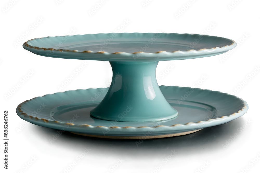 A decorative turquoise cake stand with a ruffled edge alongside a matching plate on a transparent white background in png A decorative turquoise cake stand with a ruffled edge alongside a matching plate on a transparent white background in png