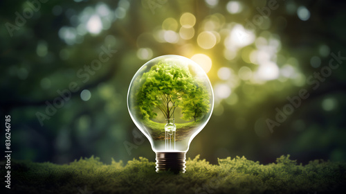 Eco-Friendly Light Bulb with Tree Inside, Sustainable Energy and Environmental Conservation Concept photo