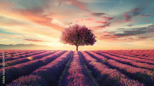 Lavender rows lines at sunset iconic Provence fields landscape. photo