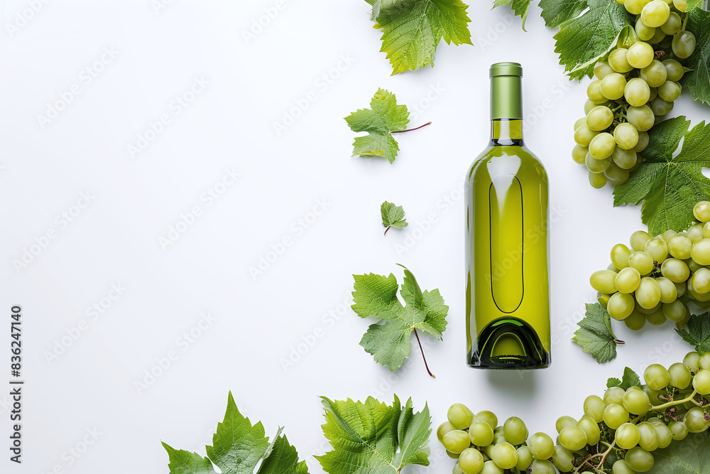 Fototapeta premium Unopened bottle of white wine with blank label, empty wineglass & bunches of different grapes on white background. Expensive bottle of chardonnay concept. Copy space, top view, flat lay 
